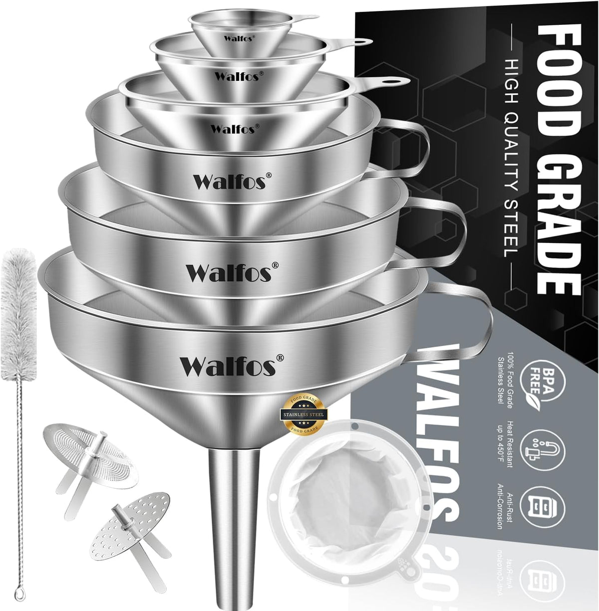 Stainless Steel Funnel, Walfos 6 Different Sizes of Kitchen funnels with 2 Removable Strainer ＆