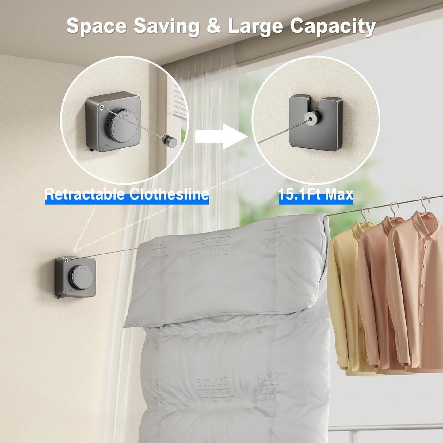 Retractable Clothesline Indoor, Non-Sagging Outdoor Clothes Line Retracting Heavy Duty Clothes