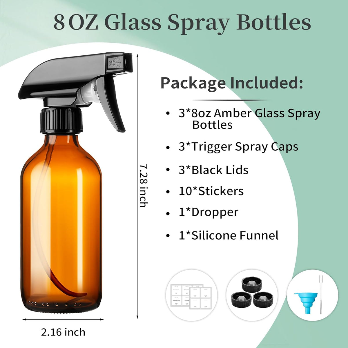 8oz Amber Glass Spray Bottles,3 Pack Glass Spray Bottles Refillable Empty Bottle with Adjustable