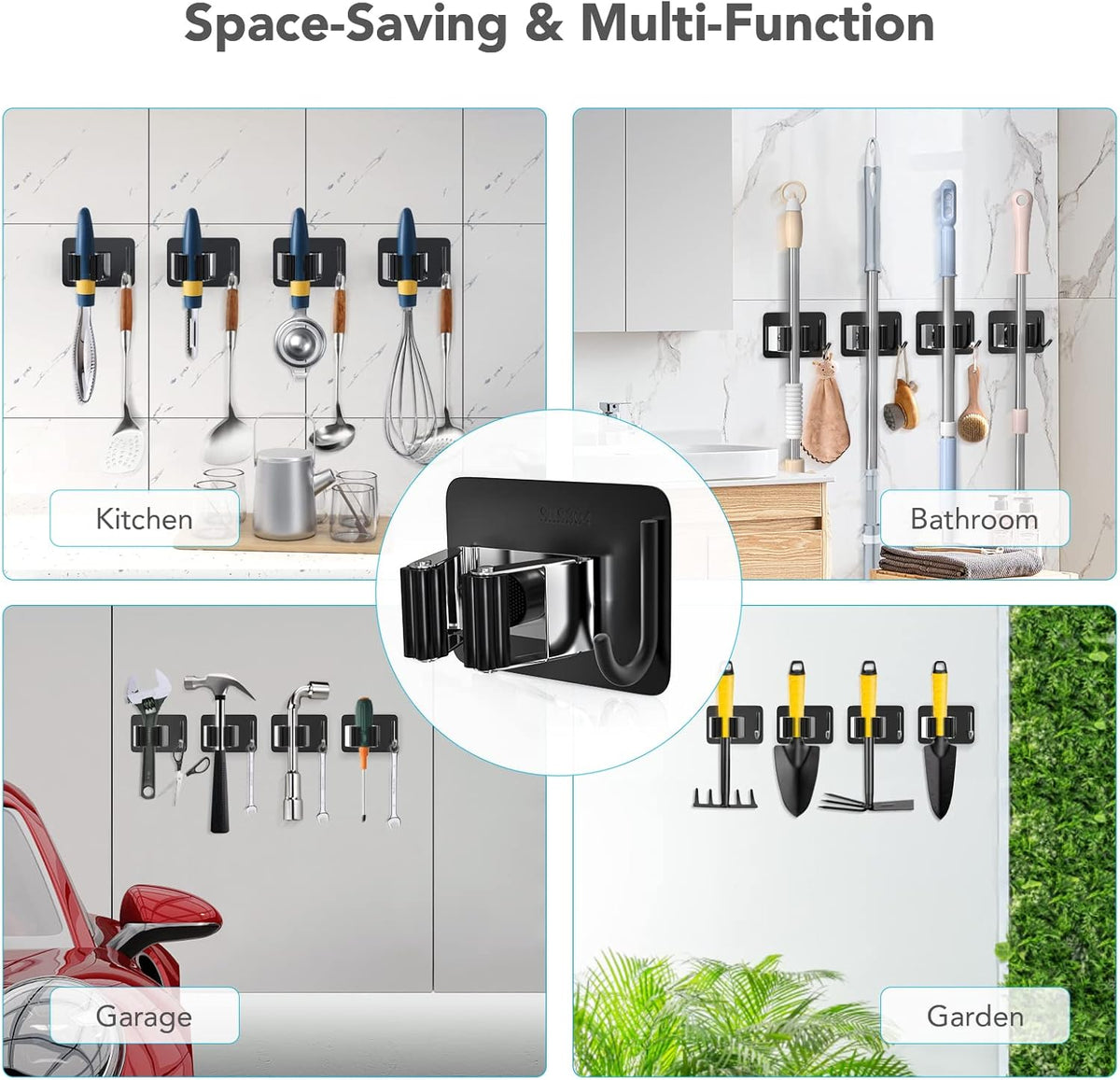 Mop Broom Holder No Drill, Mop Broom Organizer Wall Mounted Heavy Duty with Hooks Hanger, Self