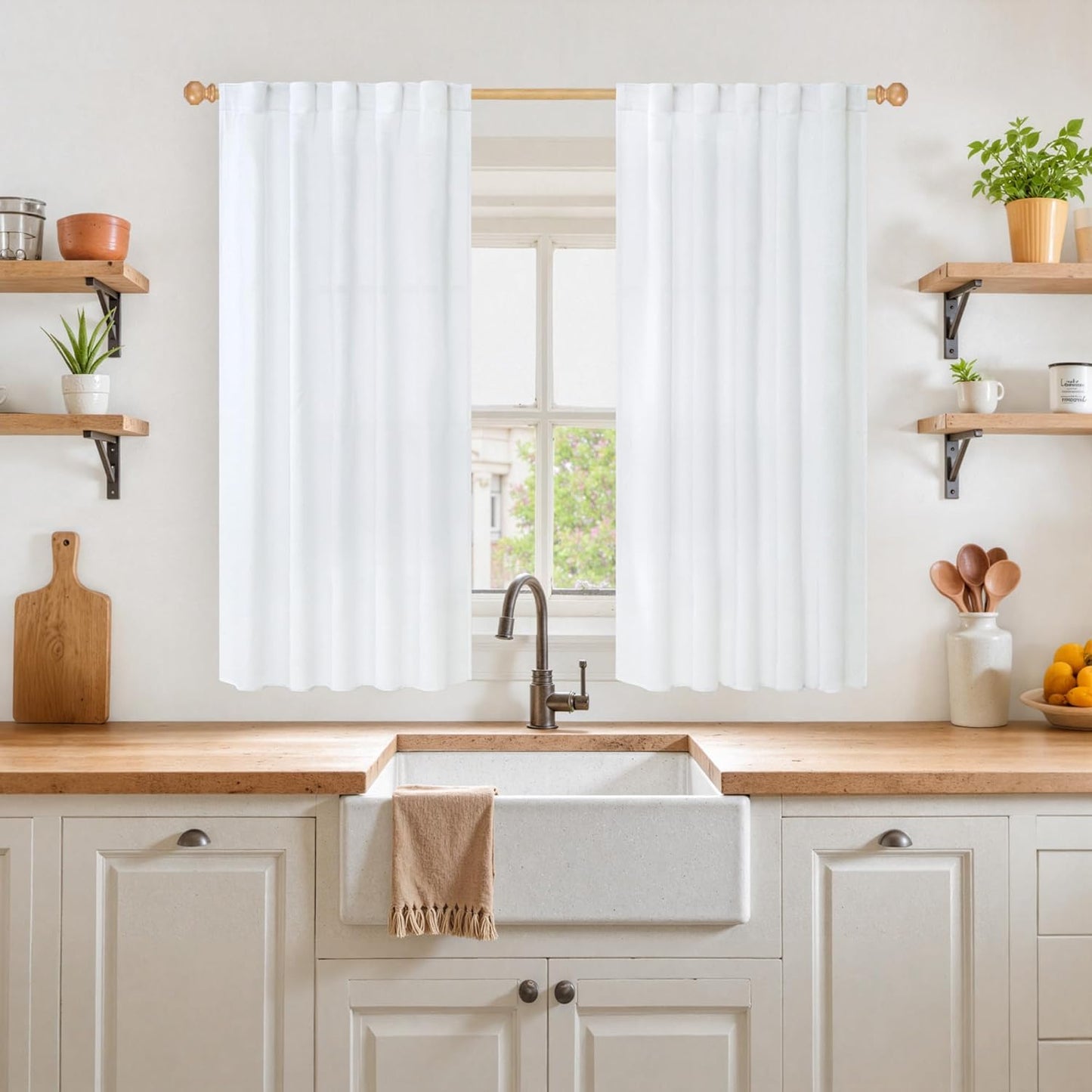 YoungsTex Short White Linen Curtains 45 Inch Length 2 Panels for Window, Semi Sheer Drapes Light