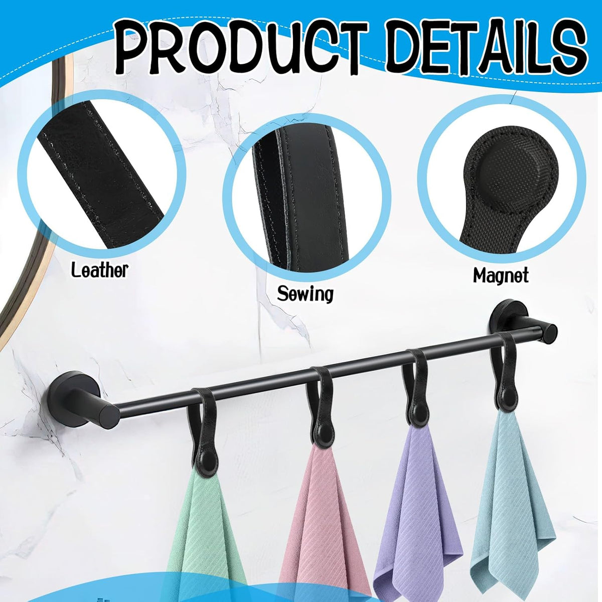4 PCS Genuine Leather Towel Clips for Kitchen, Magnetic Hand Clips, Towel Holder with Magnet for