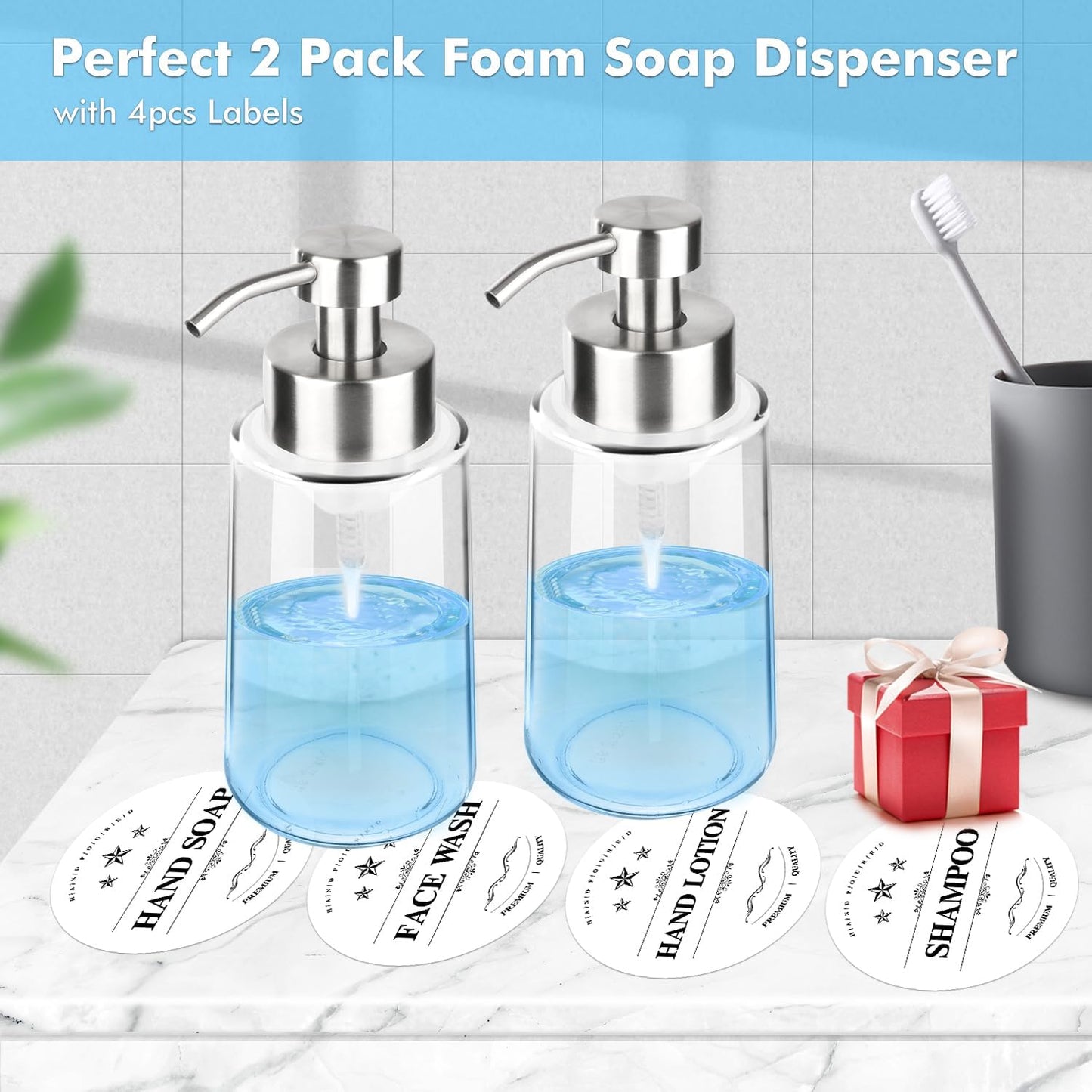 2 Pack Glass Foaming Soap Dispenser With Waterproof Labels, Hand and Dish Set, Rust Proof Stainless