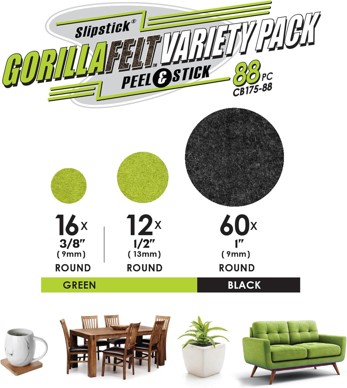 Slipstick Gorilla Felt 1 Inch Furniture Pads (88 Piece Combo) Premium Furniture Pads & Chair Leg