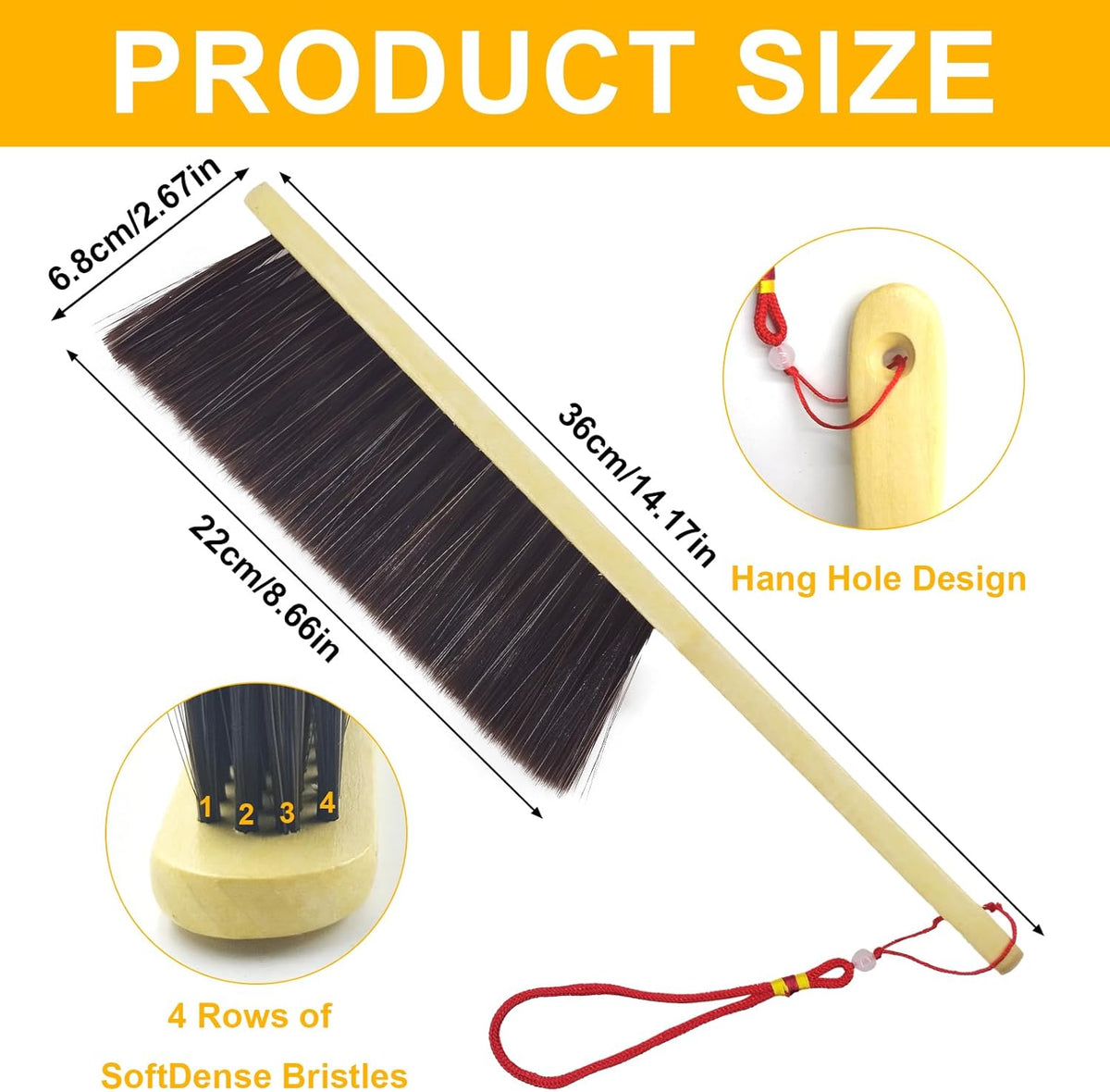 2 Piece Wooden Hand Broom, Dust Brush,Bench Brushes,Soft Bristles, Long Fireplace Brush with Wood