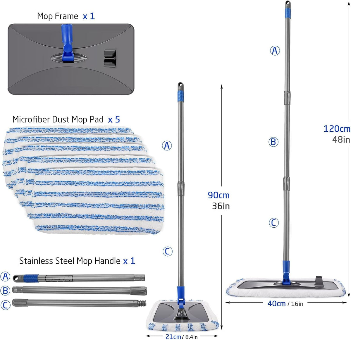 Masthome Extra Large Microfiber Mop for Floor Cleaning, 16“ Flat Mop with 5 Pad for Wet & Dry Use