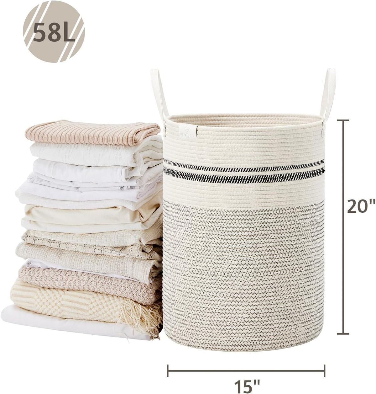 VIPOSCO Tall Laundry Basket, Large Dirty Clothes Hamper with Leather Handle, Woven Rope Storage