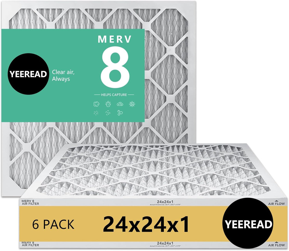 24x24x1 MERV 8 Air Filters 6-Pack, Actual Size 23.7" x 23.7" x 0.75" – Compatible with HVAC, Air