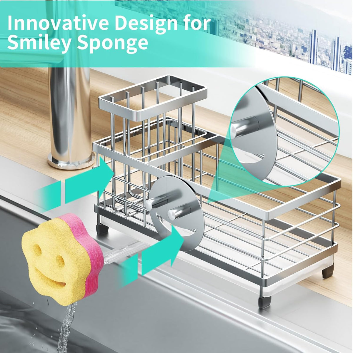 HapiRm Sponge Holder for Kitchen Sink - Self-draining Sink Caddy with Smiley Face and Brush Holder