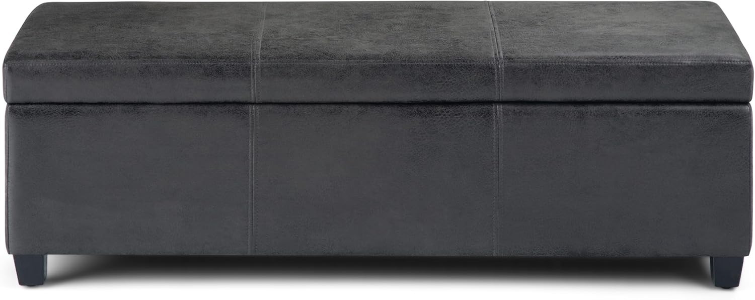 SIMPLIHOME Avalon 48 inch Wide Contemporary Rectangle Storage Ottoman Bench in Distressed Black