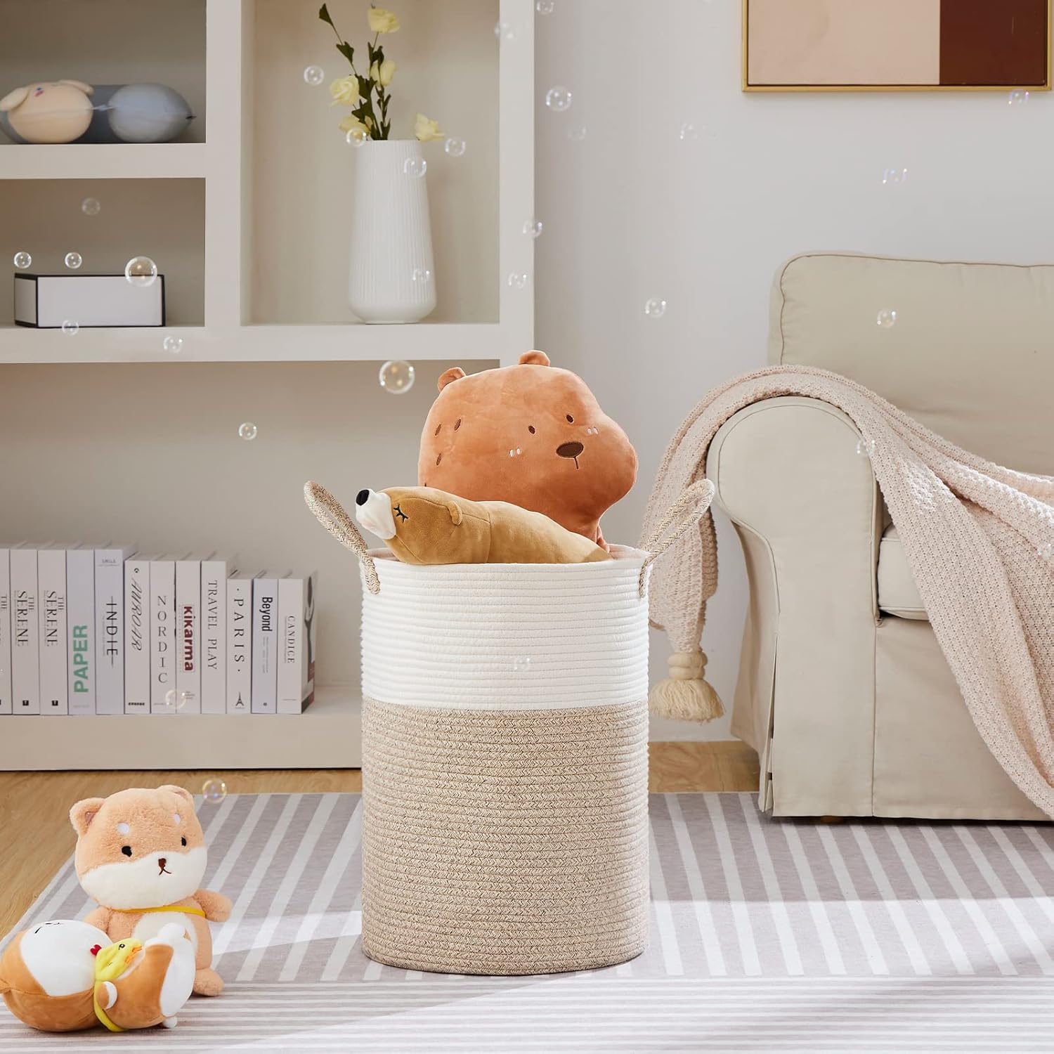 VIPOSCO Large Laundry Hamper, Tall Woven Rope Storage Basket for Blanket, Toys, Dirty Clothes in