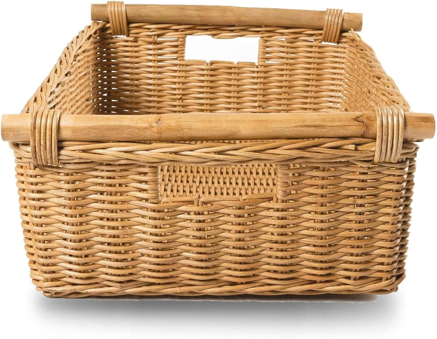 The Basket Lady Low Pole Handle Wicker Storage Basket, Large, 19.5 in L x 12.5 in W x 6 in H
