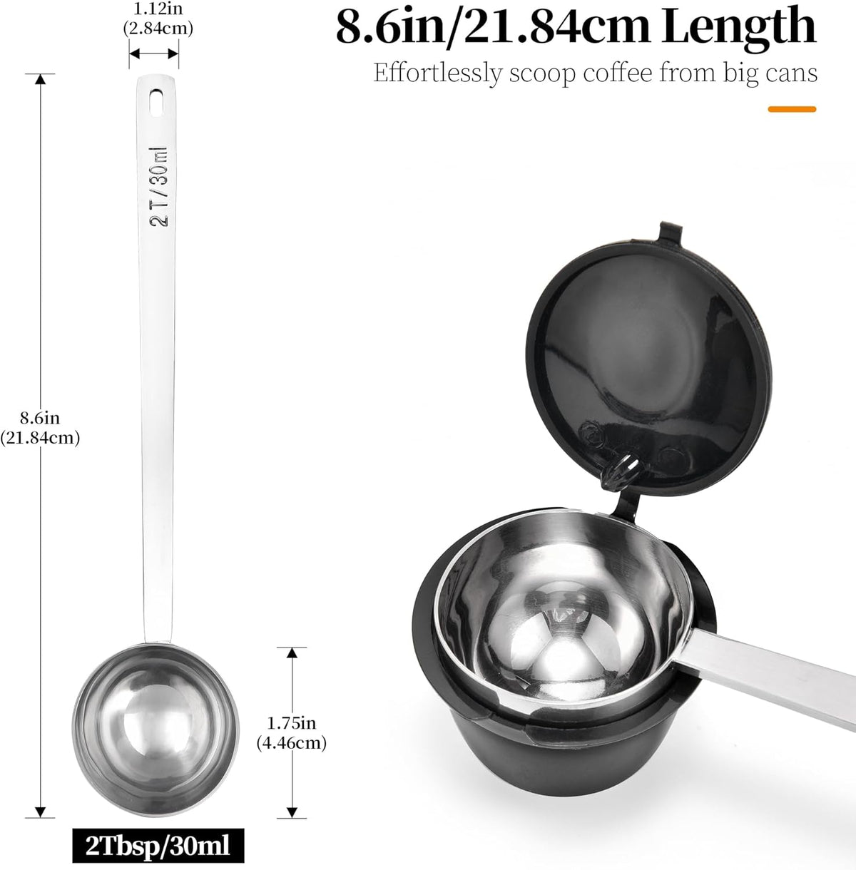 Long Handle Coffee Scoop: 8.6 Inch 18/8 Stainless Steel 2 Tablespoon Metal Measuring Spoon Tbsp