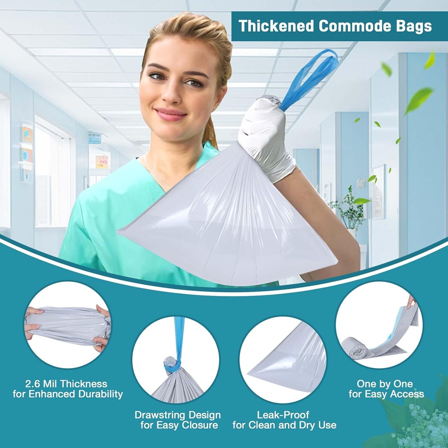Commode Liners with Absorbent Pads- 100 Commode Bags+ 100 Commode Pads, Extra Thicken Commode