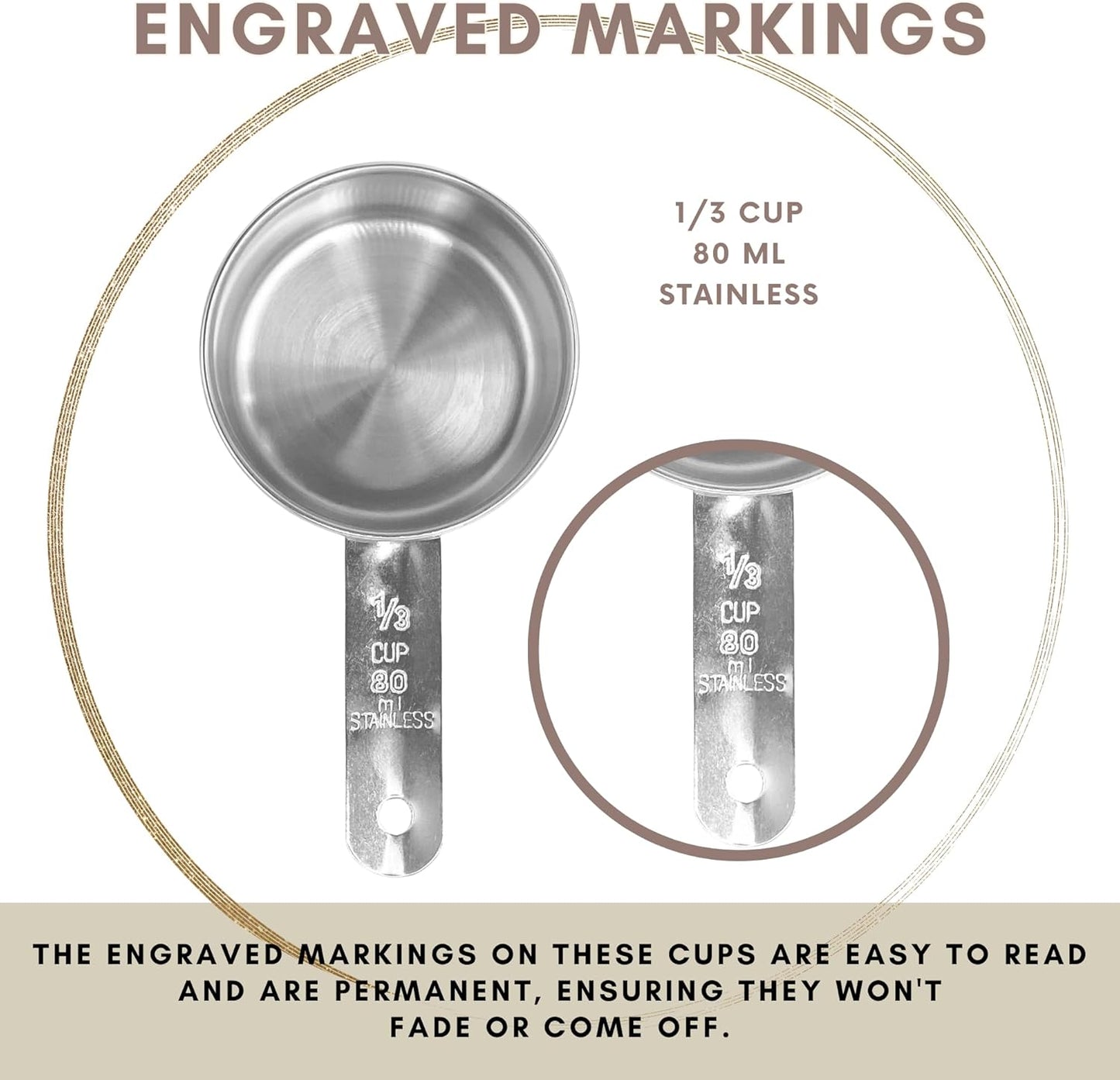 1/3 Cup Stainless Steel Measuring Cup | Sturdy Metal 80 ml | 80 cc | 3 oz | Single Cup for Wet and