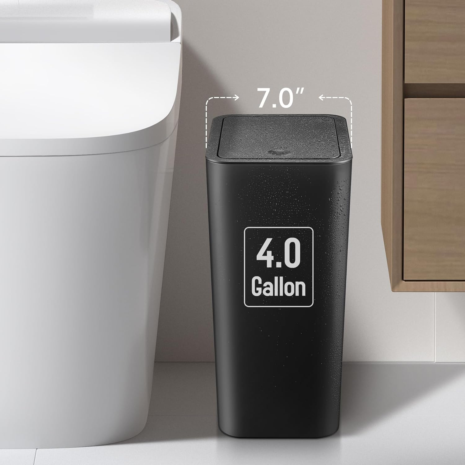 TIPGO Bathroom Trash Can with Lid, 4 Gallon / 15 Liter Small Garbage Can, Press Top Bin, Plastic