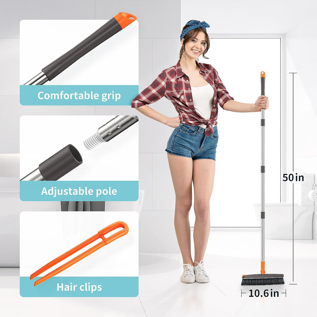 AIR U+ Grout Brush with Long Handle 180° Swivel Scrub Brush with Tweezers to Hair Clip V-Shape