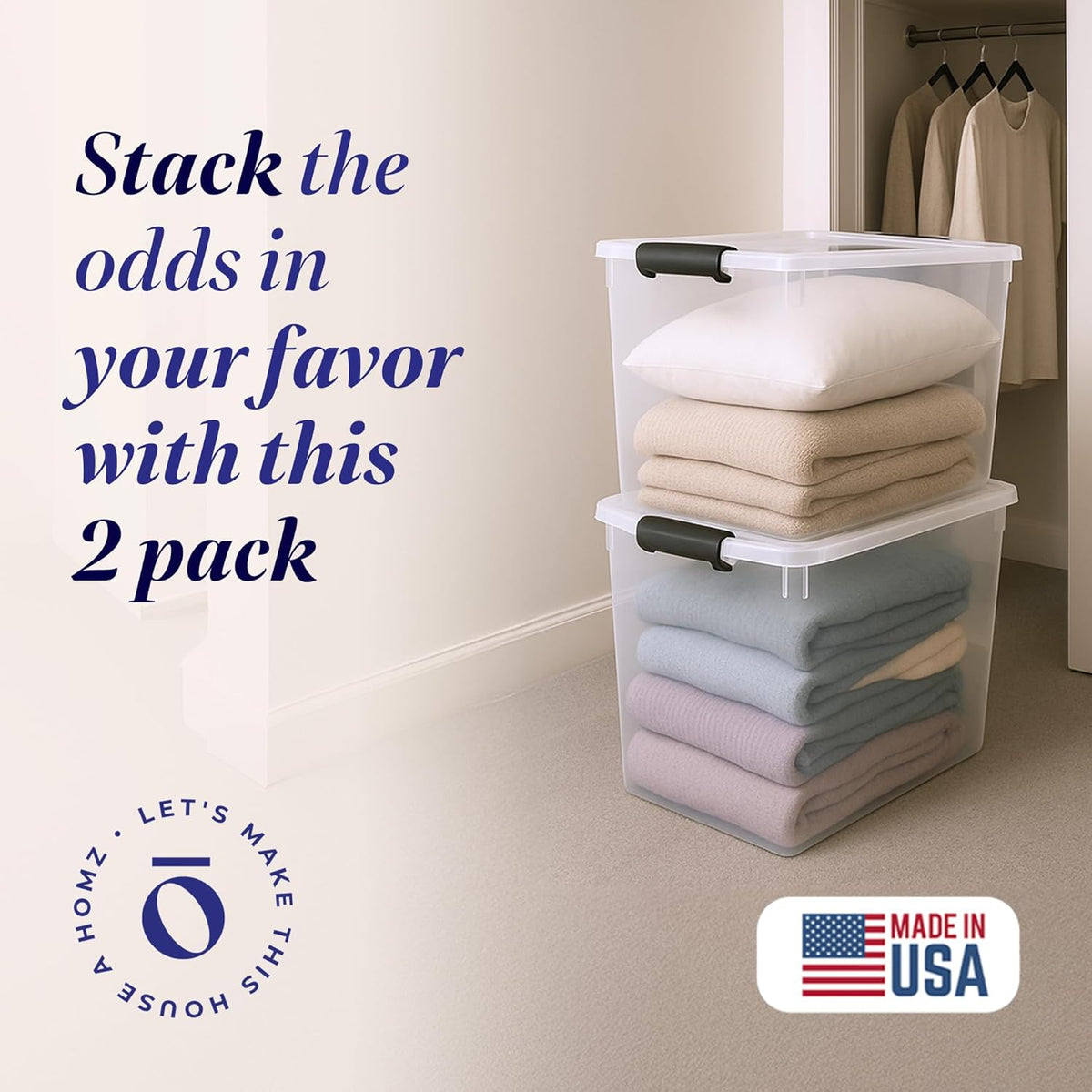 HOMZ 2-Pack Latching Lid, Large Clear Plastic Storage Bins w/Lids, 112 Quart, Gray Latch