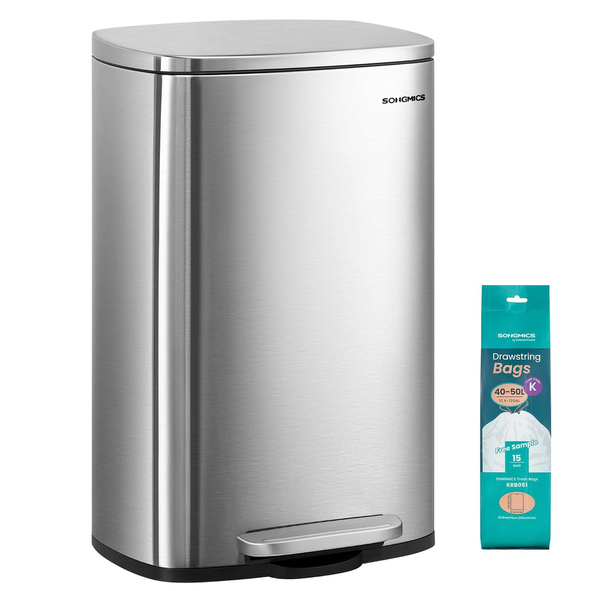 SONGMICS 13 Gallon (50 L) Trash Can, Stainless Steel Kitchen Garbage Can, Recycling or Waste Bin