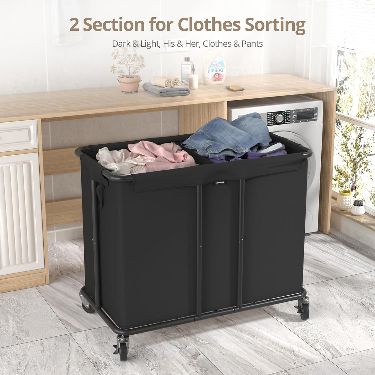 Laundry Hamper with Wheels, 2-Section 230L (61Gal) Large Capacity, Heavy-Duty Rolling Clothes