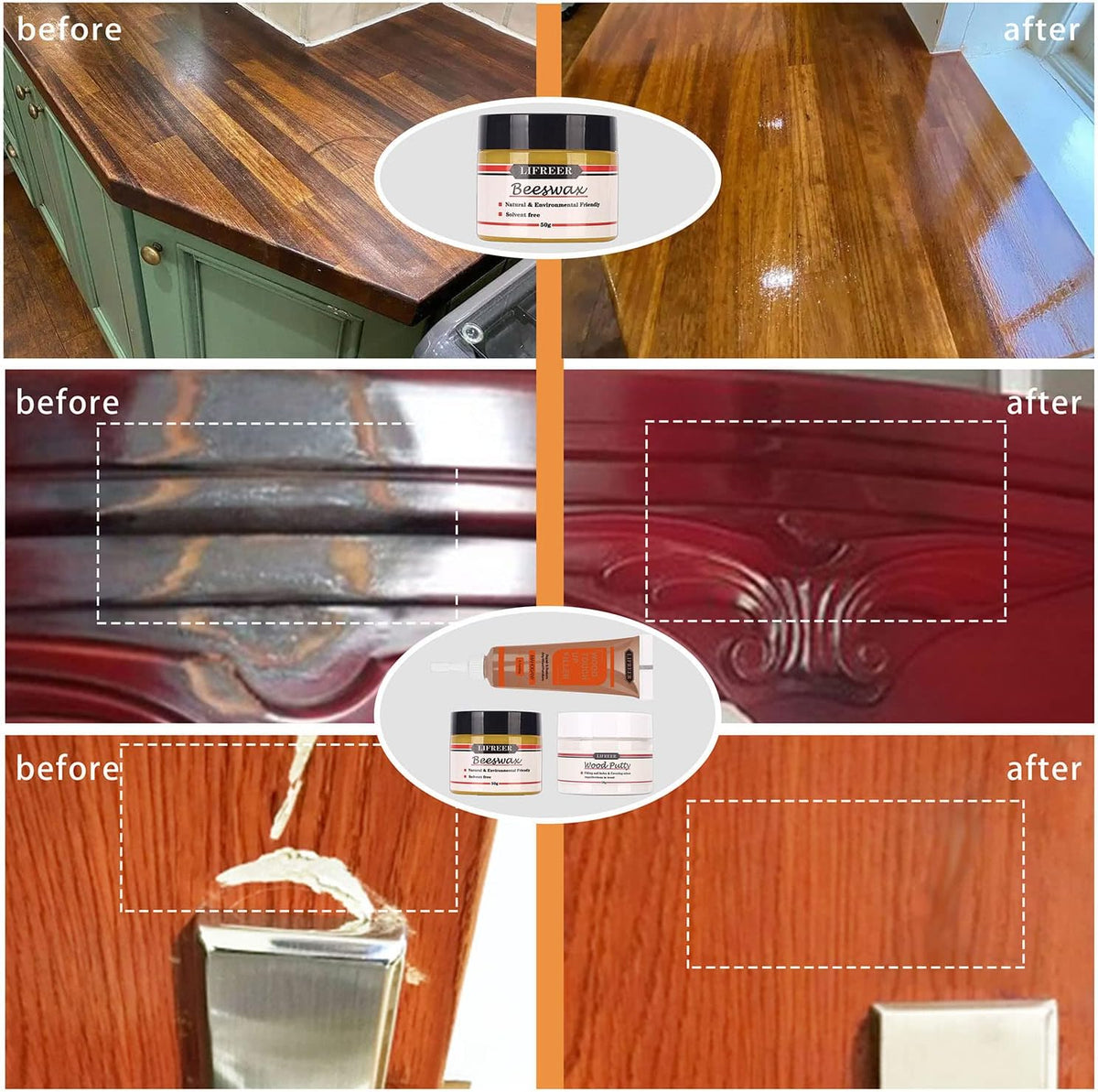 Lifreer Wood Repair Kit, 42 Pcs Furniture Repair Kit - Wood Filler, Touch Up Marker, Wood Putty