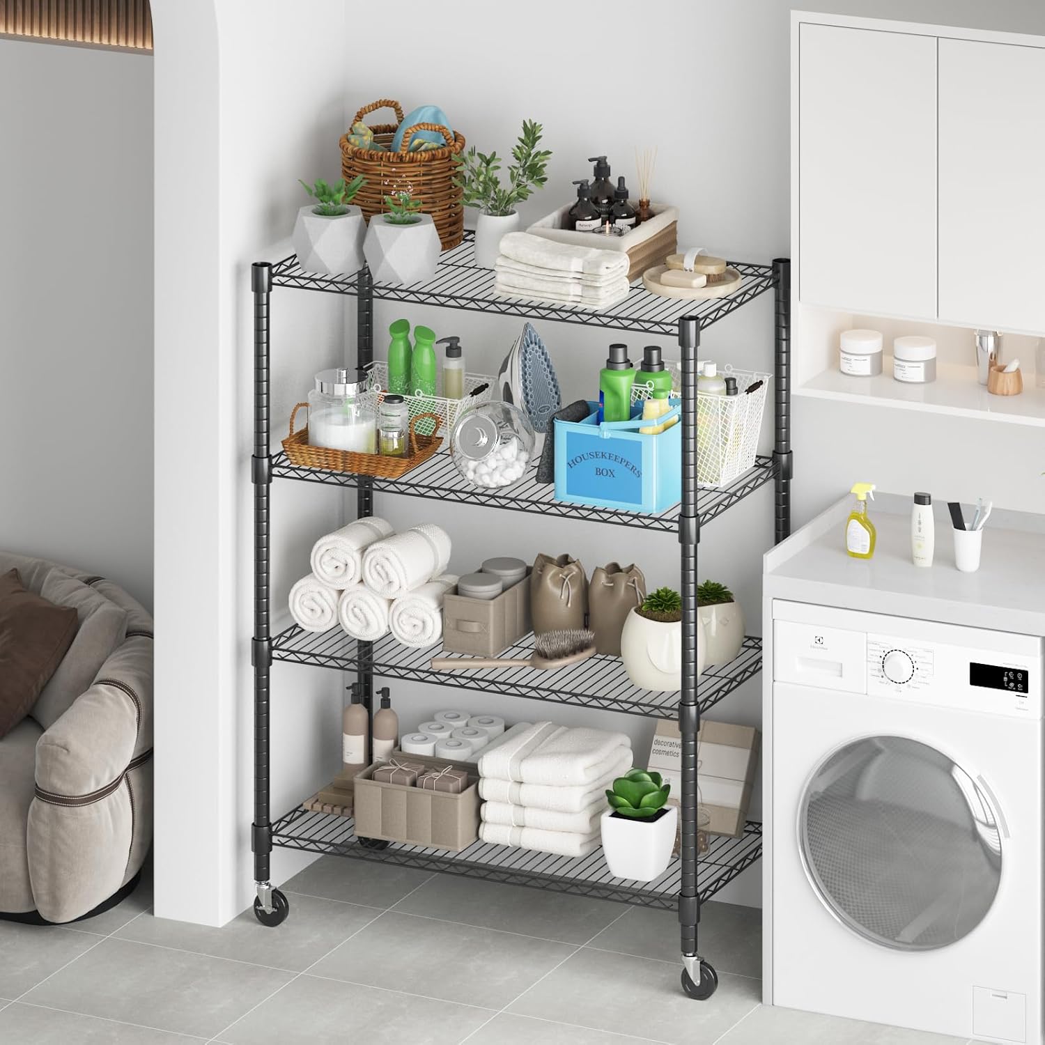 Himimi 18" D×36" W×72" H Storage Shelves with Wheels Metal Wire Shelving Unit 4 Tier Adjustable
