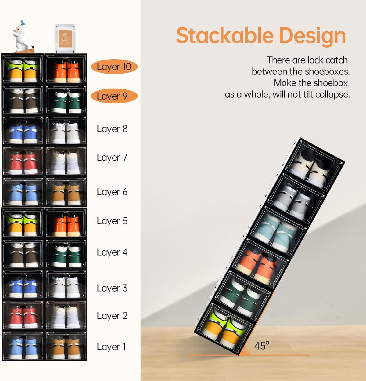 12 Pack Shoe Boxes Stackable,Upgraded Sturdy Shoe Storage Boxes with Clear Magnetic