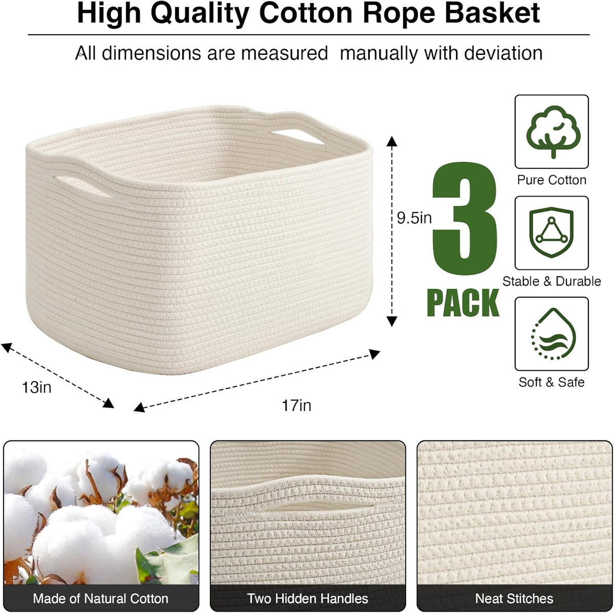 Large Storage Baskets for Organizing Shelves, Woven Cotton Rope Bins for Baby Nursery Organization