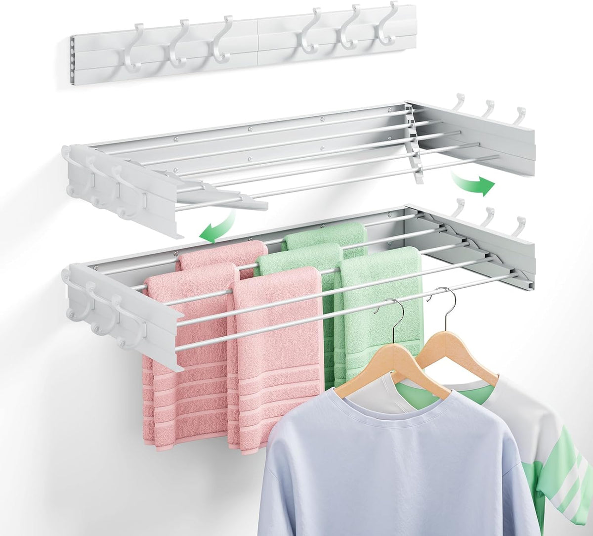 Wall Mounted Drying Rack 31.5", Foldable Clothes Drying Rack with 6 Towel Hooks and 5 Rods for