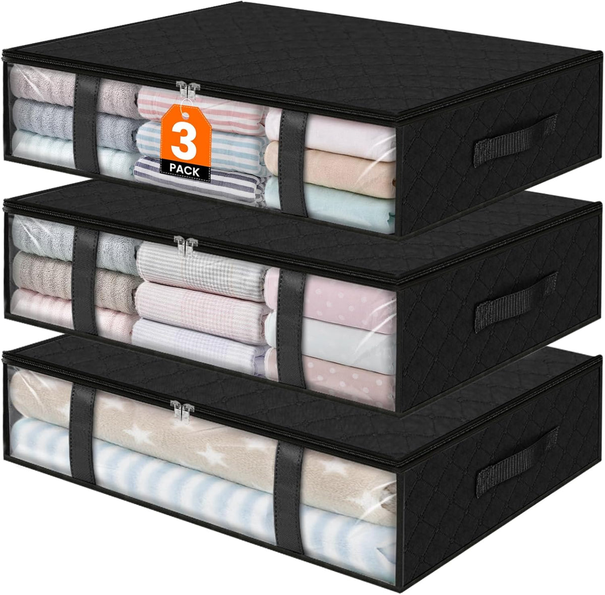 StorageRight Under Bed Storage Bins, 3-Pack 40L Foldable Fabric Storage Bags with Transparent