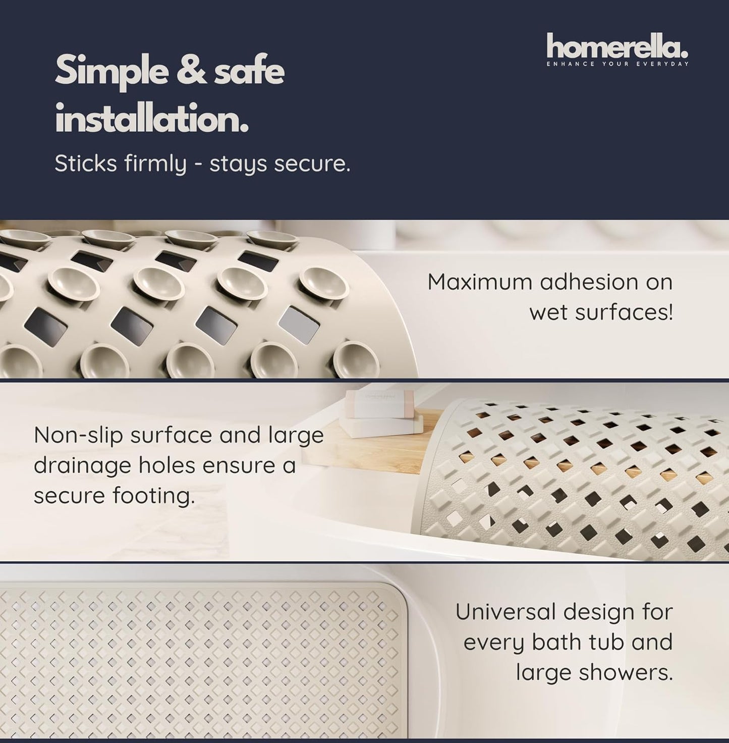 homerella® Bathtub Mat Non Slip 35x16, Incl. Hooks for Drying, Extra Long, 100% BPA Free, Shower