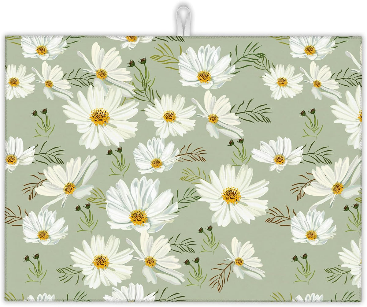 White Daisy Flowers Dish Drying Rack Mat for Kitchen Counter, Dish Drying Pad Absorbent Reversible