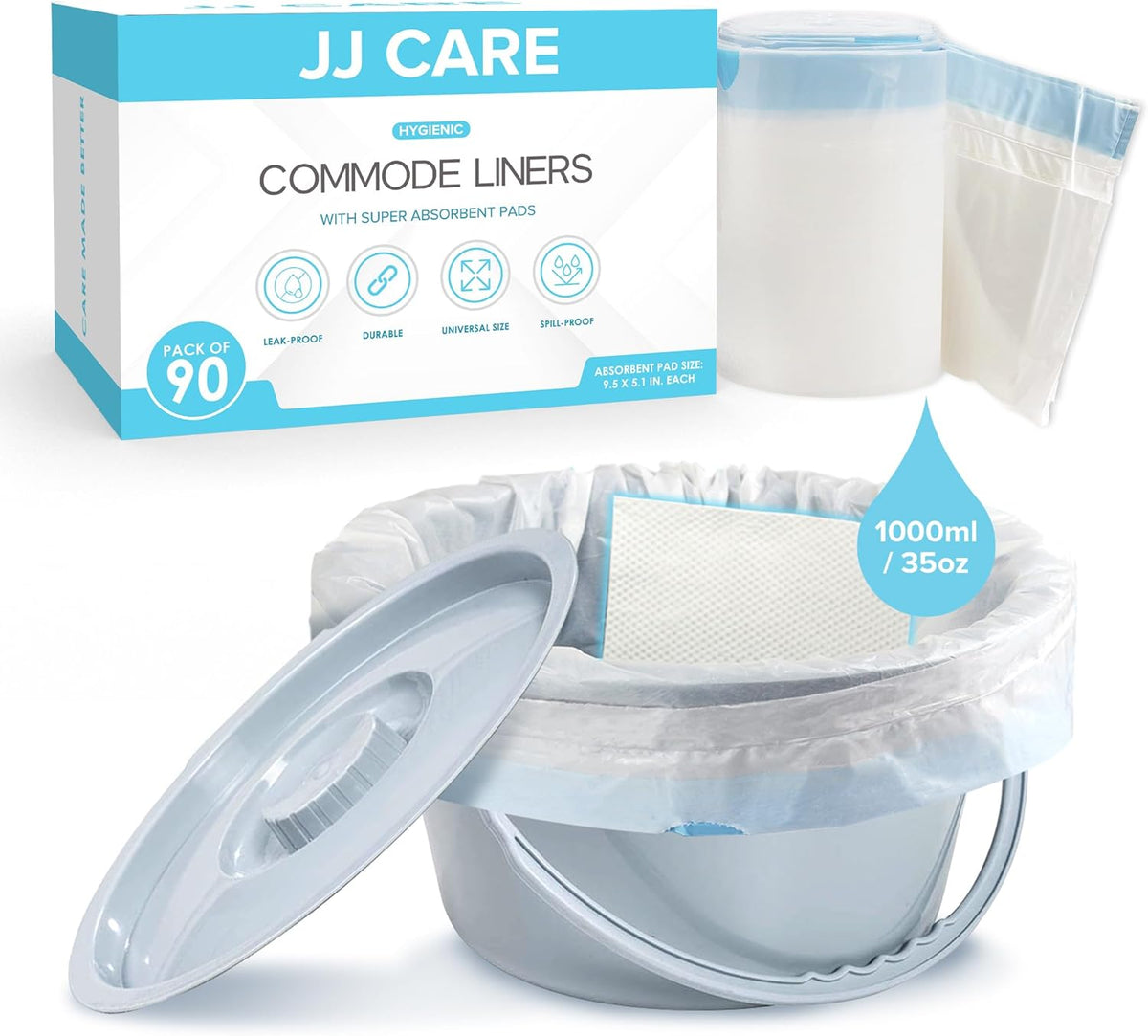 JJ CARE Bedside Commode Liners with Absorbent Pads - Pack of 90 Commode Poop Bags Liners 16"x21"