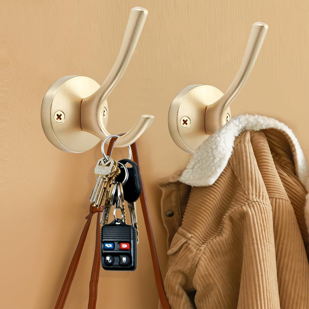 Gold Coat Hooks for Wall, 2 Pack Heavy Duty Towel Robe Hooks, Hats Hooks for Entryway Cubicle