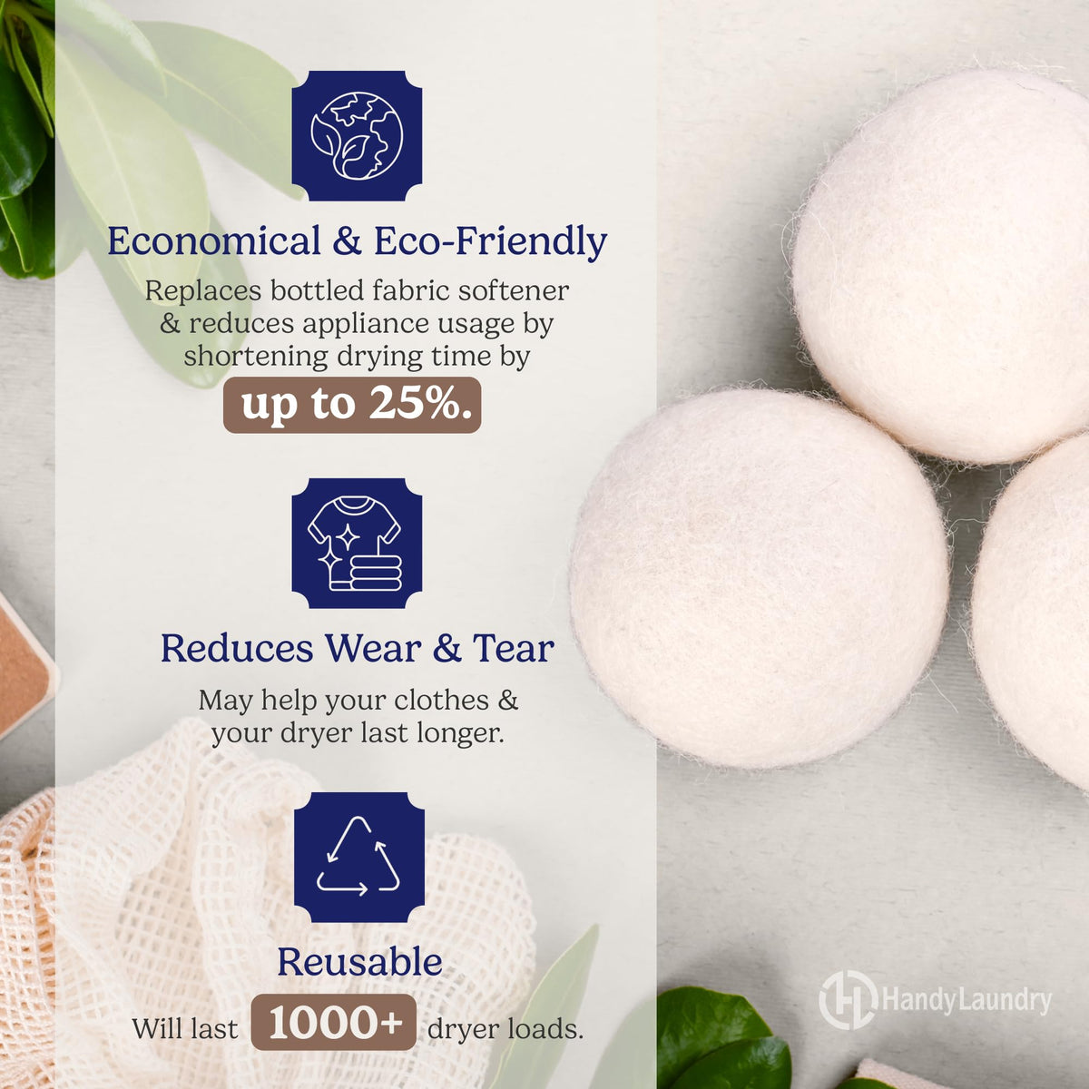 Handy Laundry Wool Dryer Balls - 2.5 Inch - Natural Fabric Softener, Reusable, Reduces Clothing
