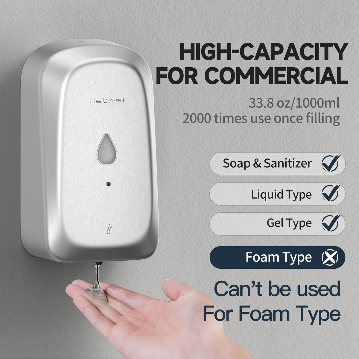 JETWELL Automatic Touch-Less Wall Mount Hand Soap Dispenser Liquid Drop Battery Operated, Brushed