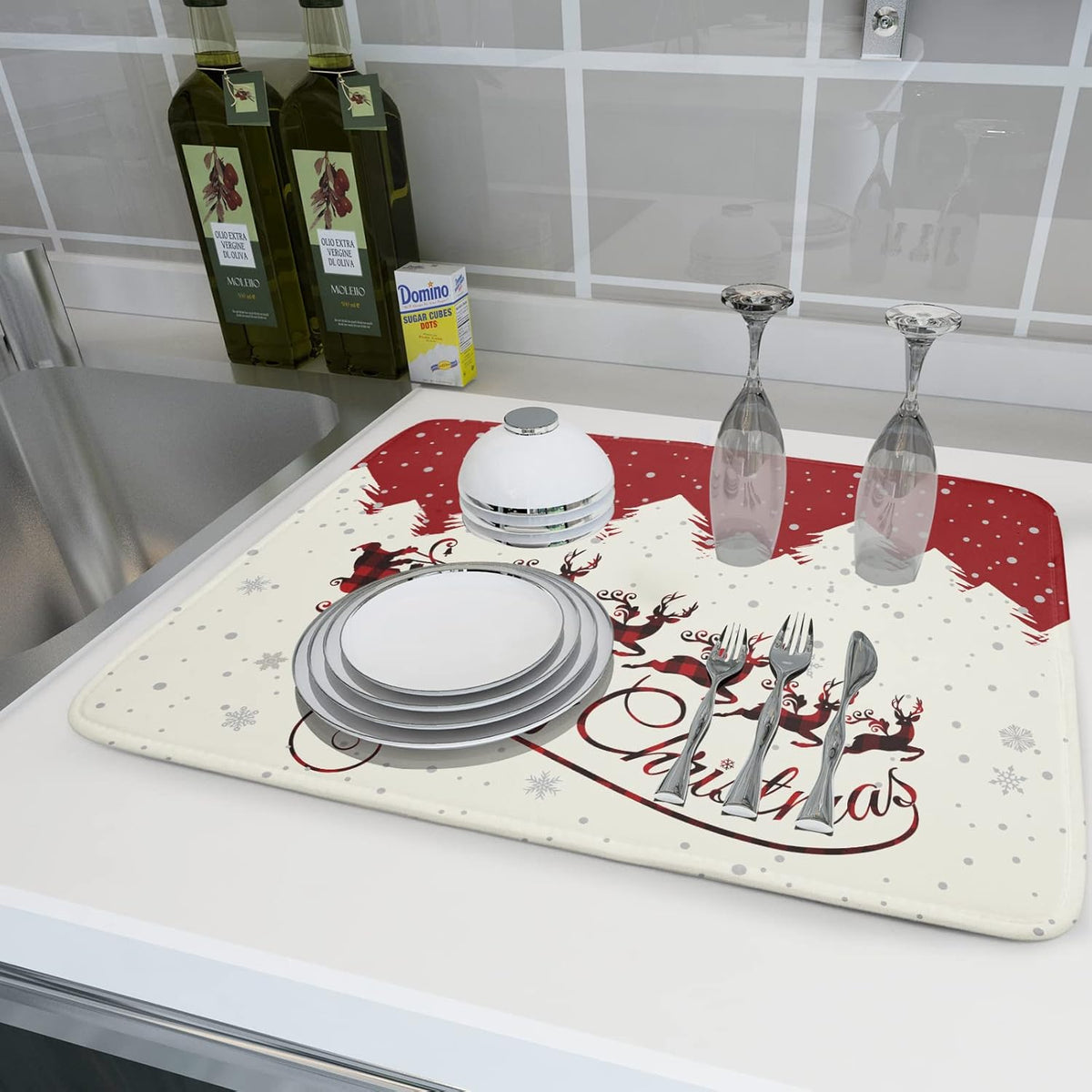 Christmas Moose Dish Drying Mat 18x24 for Winter Santa Claus Kitchen Counter Decor Absorbent