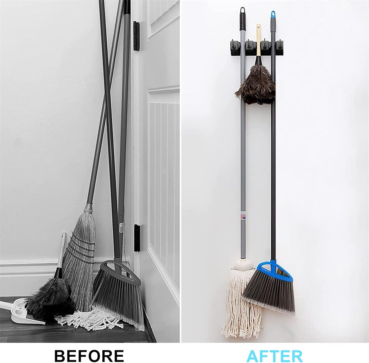 Broom and Mop Holder Wall Mount, Hooks Hanger for Mops and Broom, Organizer Kit with 3 Slots and 4