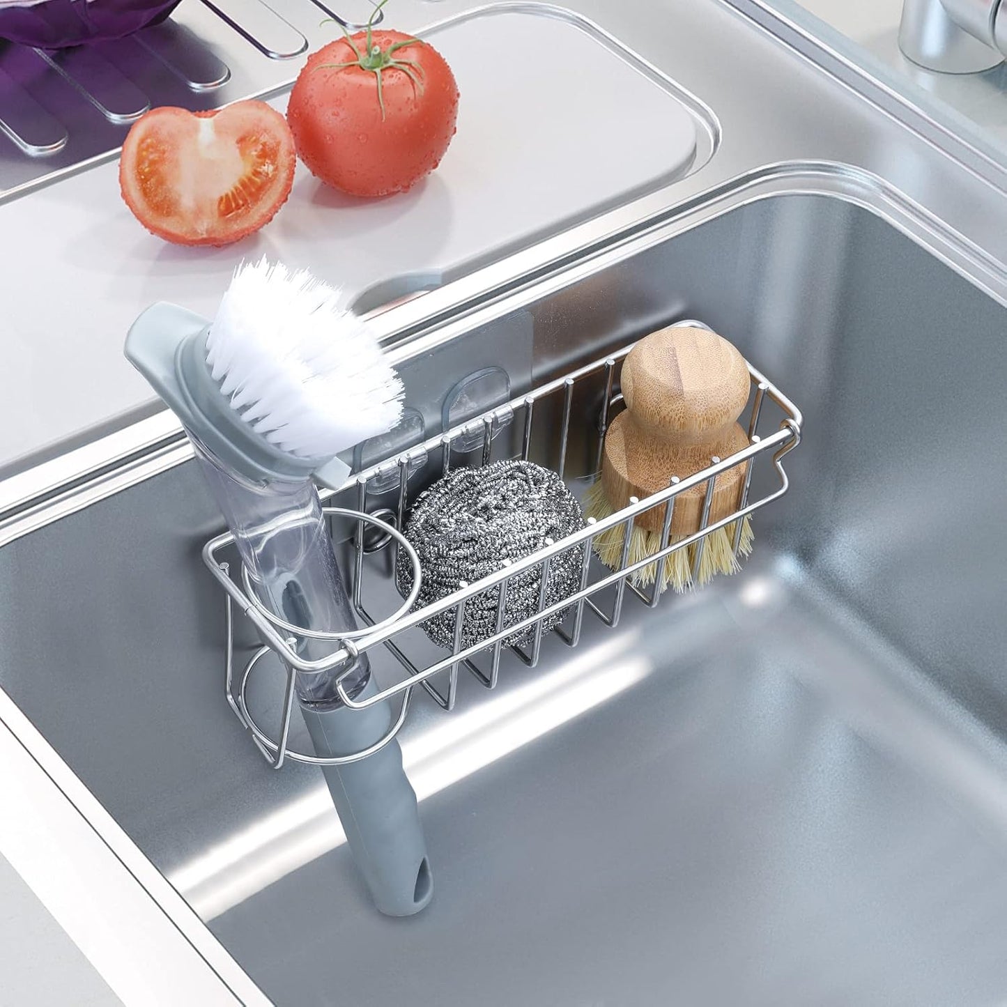 3-In-1 Sponge Holder for Kitchen Sink with Suction Cups & Adhesive Hook, In-sink Sponge Holder