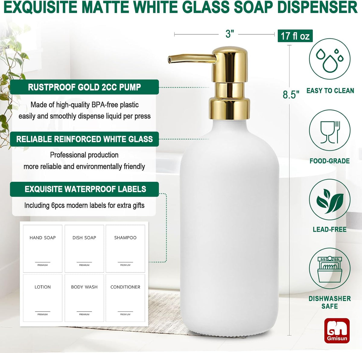 GMISUN White Soap Dispenser, 2 Pack Glass Hand Soap Dispensers Bathroom with Gold Pump, 17 Fl Oz