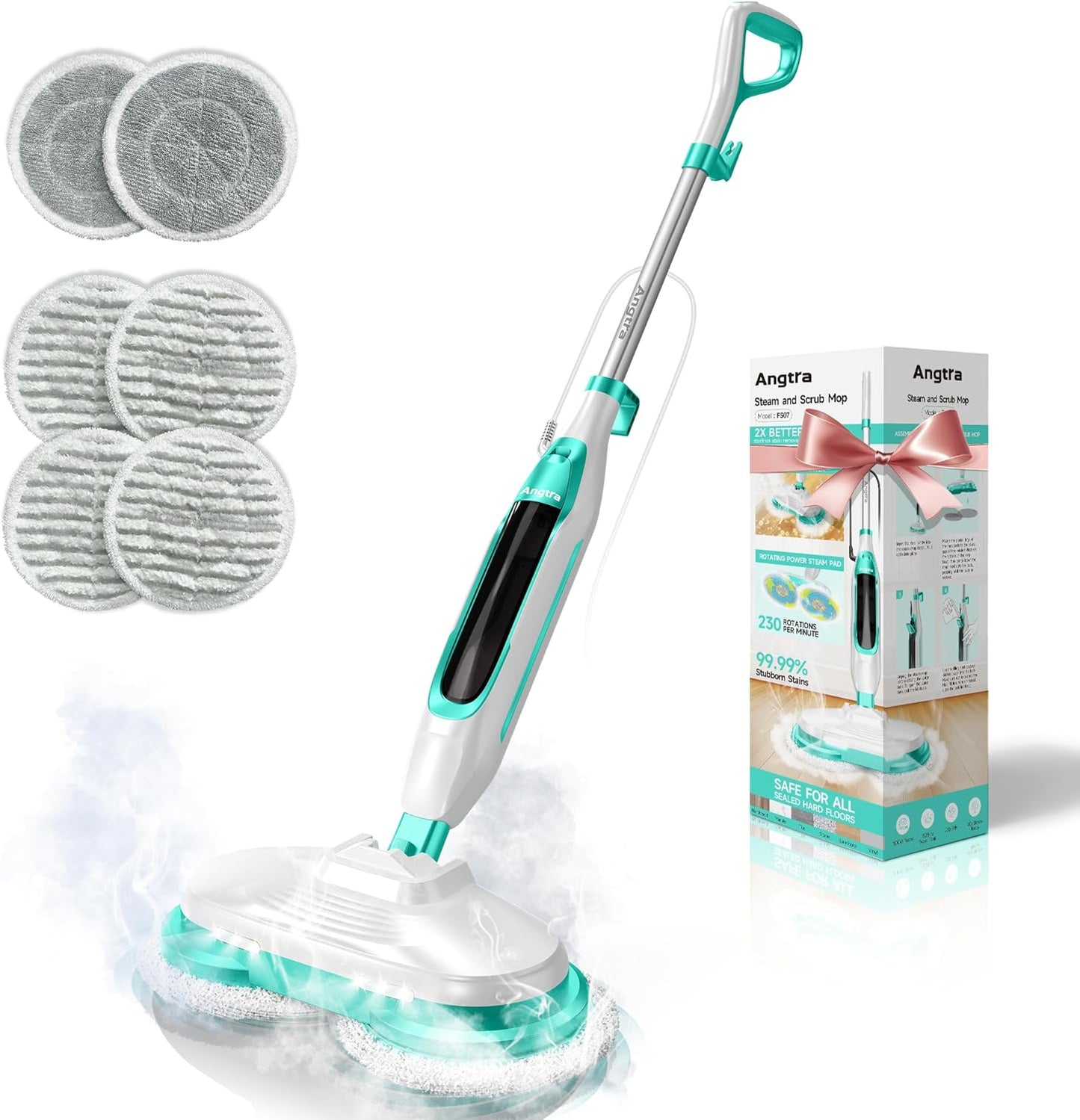Scrubbing Steam Mop with Rotating Mop Pads, All-in-One Hard Floor Cleaner with LED Headlights