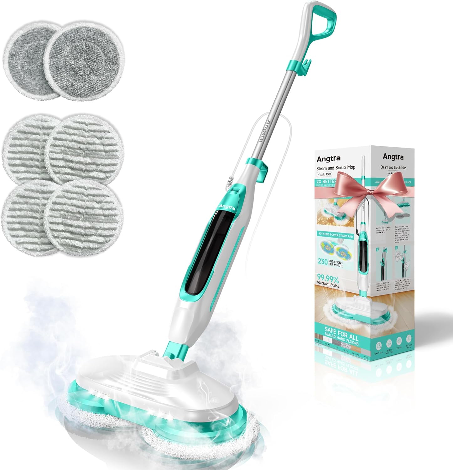 Scrubbing Steam Mop with Rotating Mop Pads, All-in-One Hard Floor Cleaner with LED Headlights