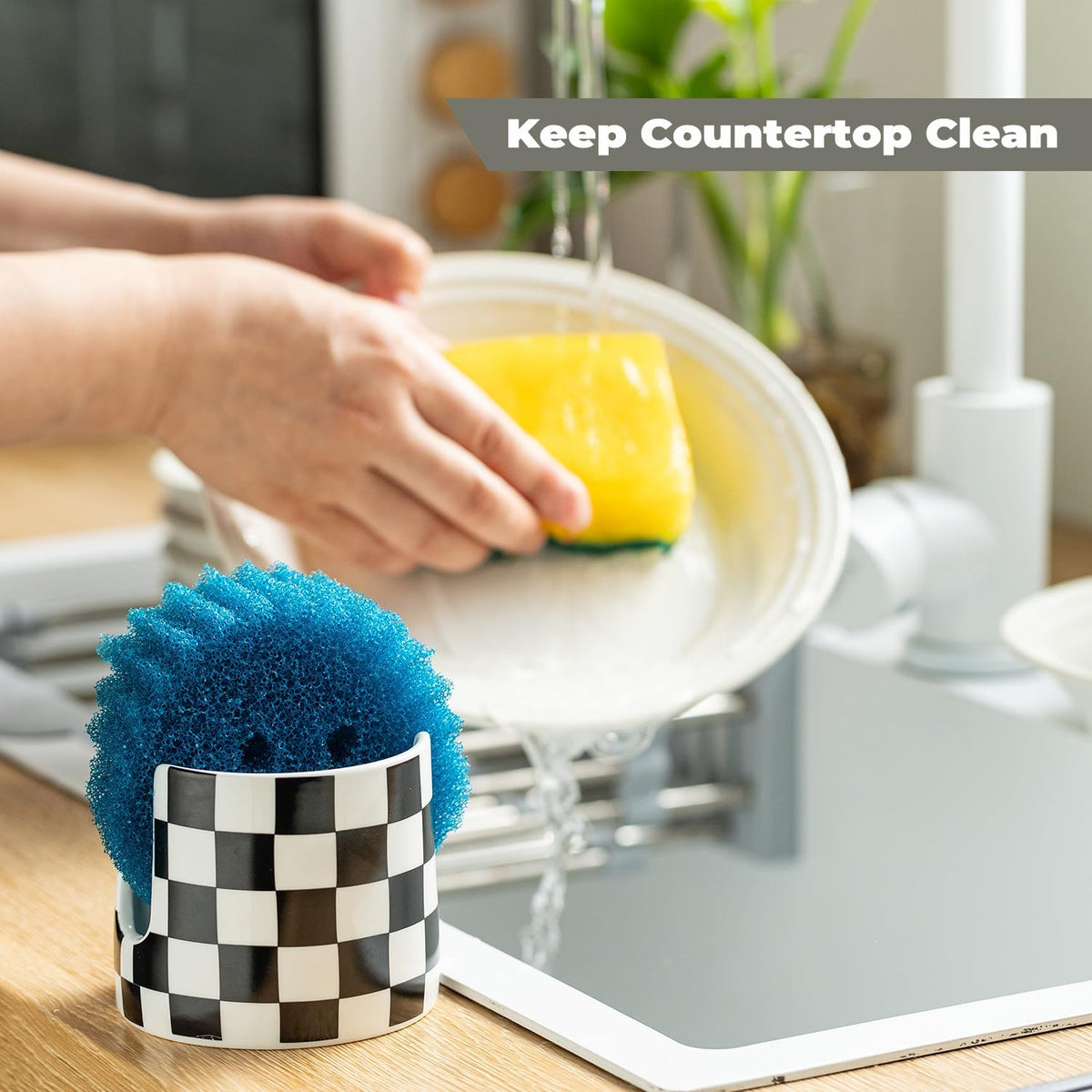 Checkered Kitchen Sink Sponge Holder, Dish Sponge Rack Ceramic Brush Holder Farmhouse Kitchen Dish