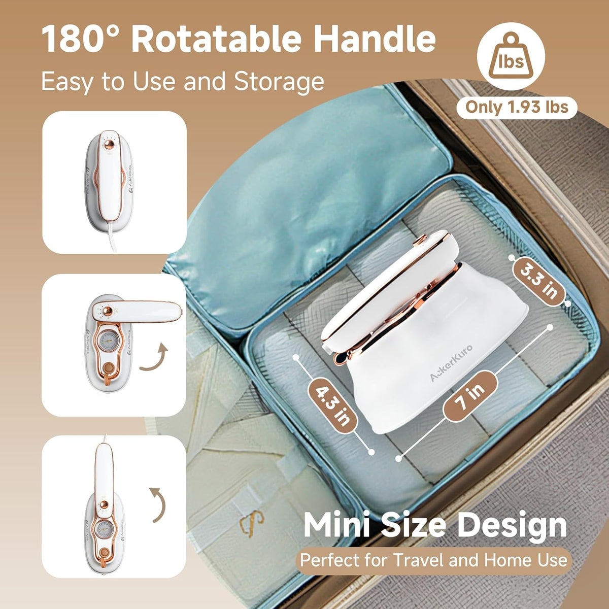 Travel Steamer for Clothes,1200W Portable Handheld Mini Garment Steamers,Steamer ＆ Iron 2 In