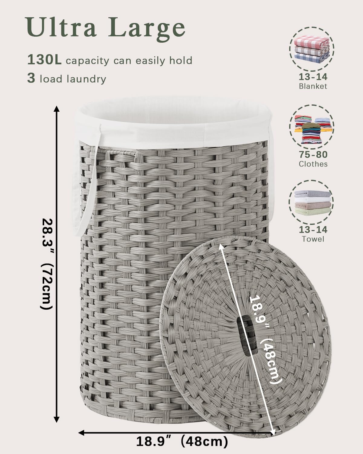 Large Laundry Hamper Laundry Basket Round 34.3 Gal (130 L) Handwoven Wicker Laundry Baskets Rattan