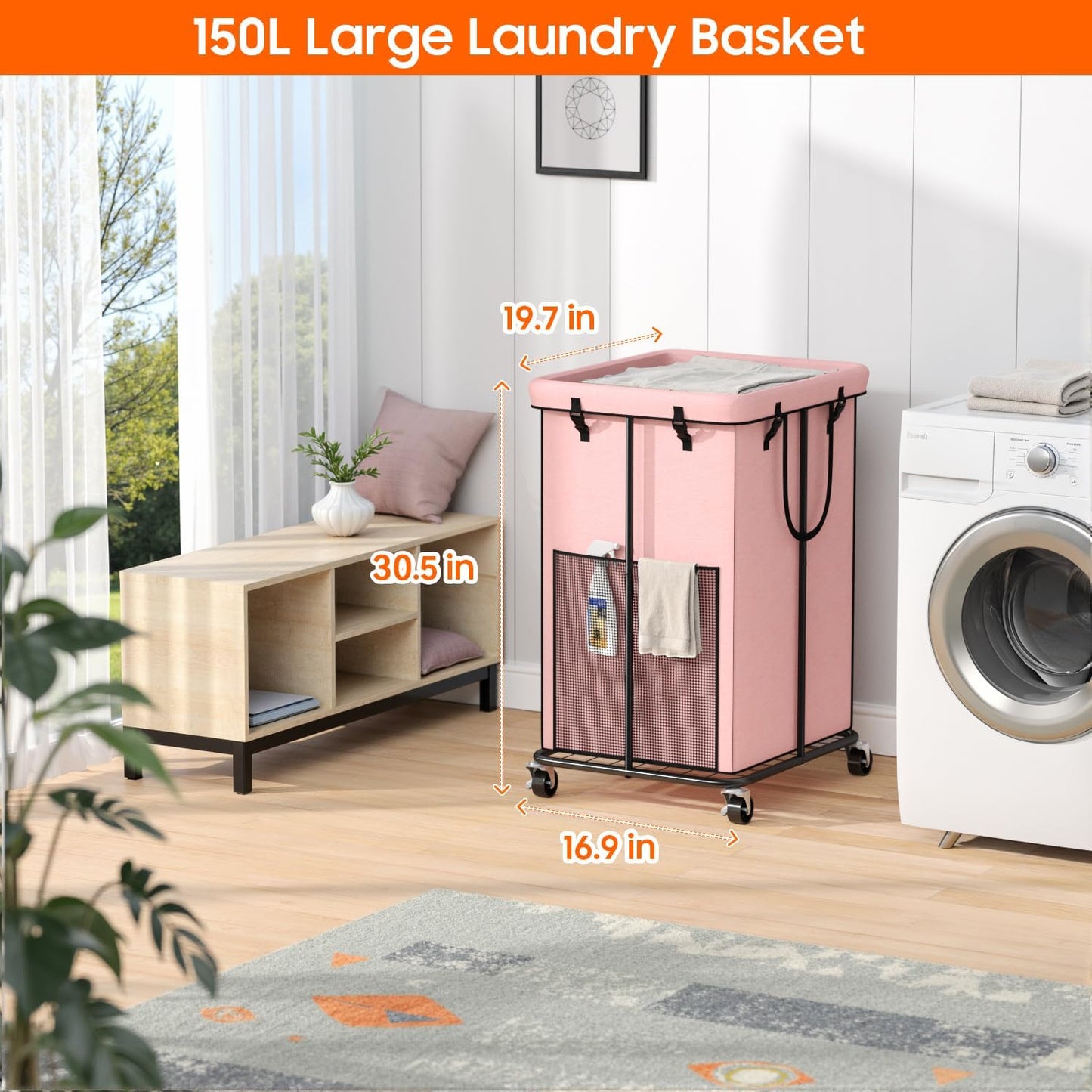 150L Laundry Hamper with Wheels, Rolling Laundry Basket with Metal Frame and Removable Bag, Large &