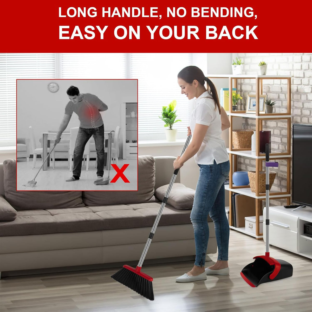 Broom and Dustpan Set, Large Household Broom with Dustpan Combo Set, 55 Inch Long Handle, Red Dust