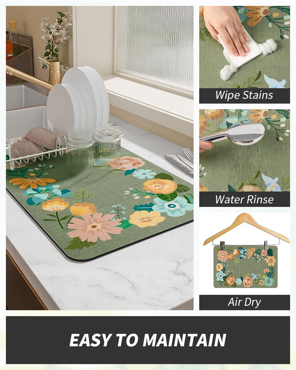 AMOAMI Coffee Mat Hide Stain Rubber Backed Absorbent Dish Drying Mat for Kitchen Counter - Fits
