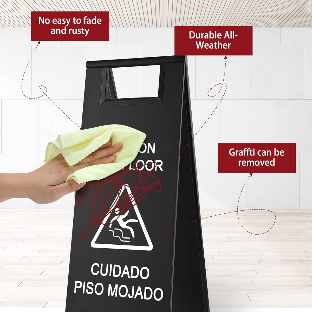 Kigley 2 Pcs Wet Floor Sign, 24 Inch Stainless Steel Caution Wet Floor Sign Double Sided Portable