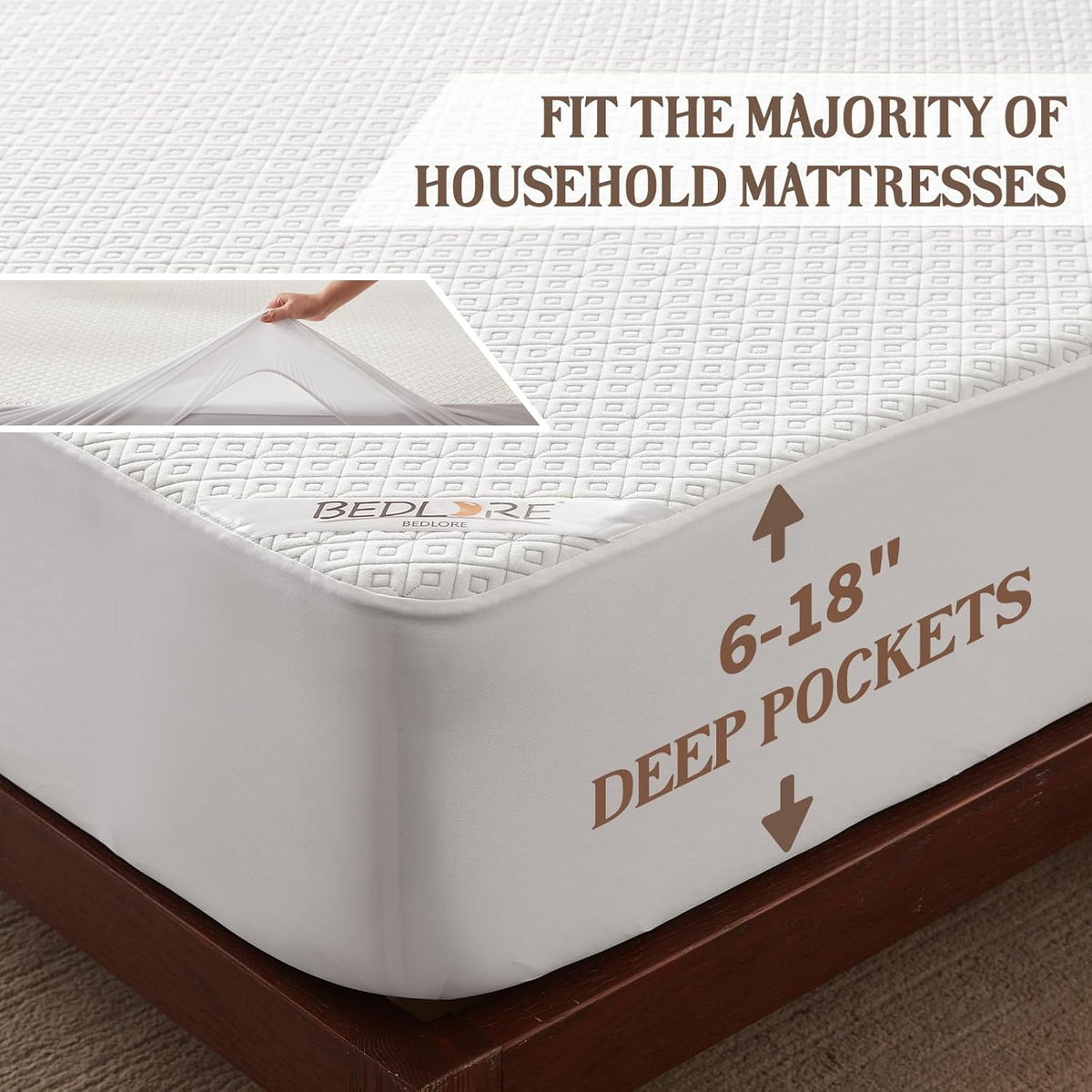 BEDLORE King Mattress Protector, Waterproof Noiseless Mattress Cover with Deep Pocket for 6-18